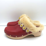 Fabrizio Viti Jean Daisy Shearling Clogs Red Leather Size 39