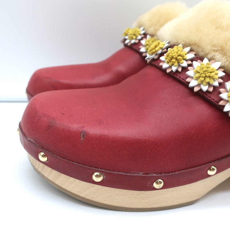 Fabrizio Viti Jean Daisy Shearling Clogs Red Leather Size 39