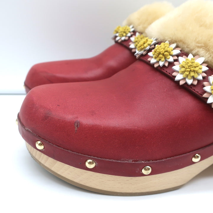 Fabrizio Viti Jean Daisy Shearling Clogs Red Leather Size 39