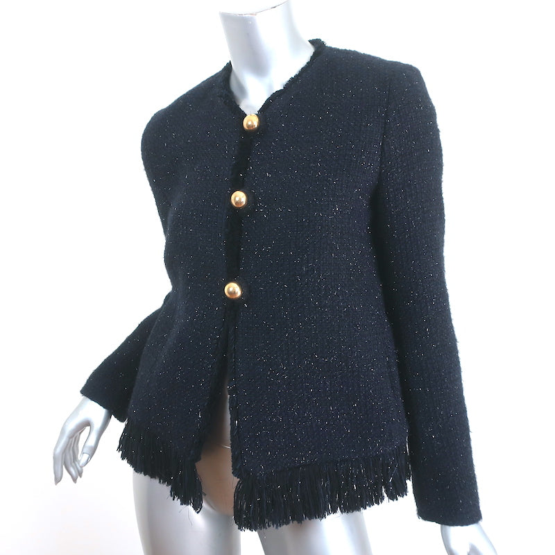 Sandro Fringed Metallic Tweed Jacket Navy Wool-Blend Size 36