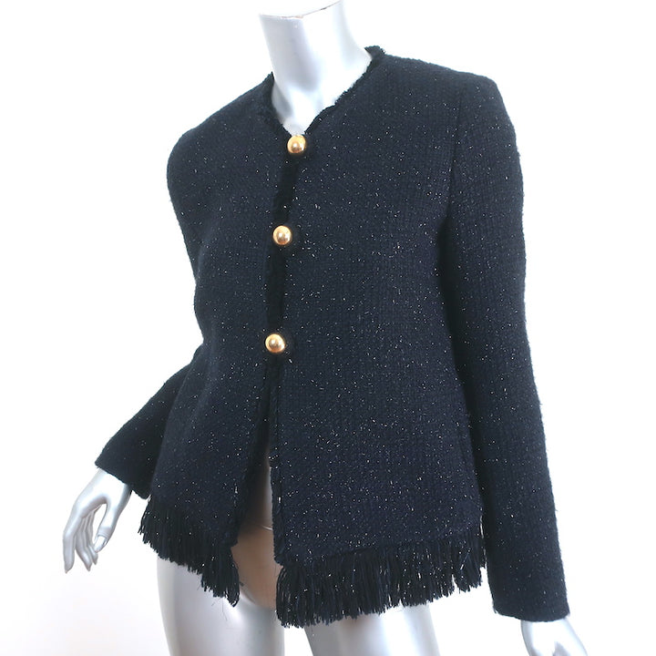 Sandro Fringed Metallic Tweed Jacket Navy Wool-Blend Size 36