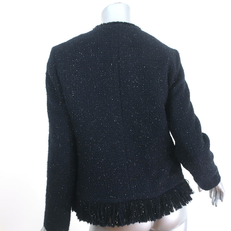 Sandro Fringed Metallic Tweed Jacket Navy Wool-Blend Size 36