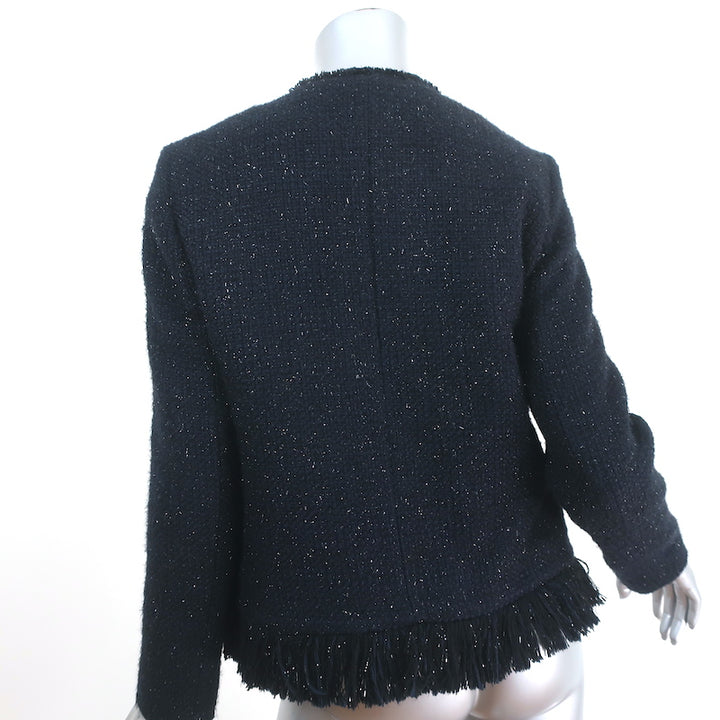 Sandro Fringed Metallic Tweed Jacket Navy Wool-Blend Size 36