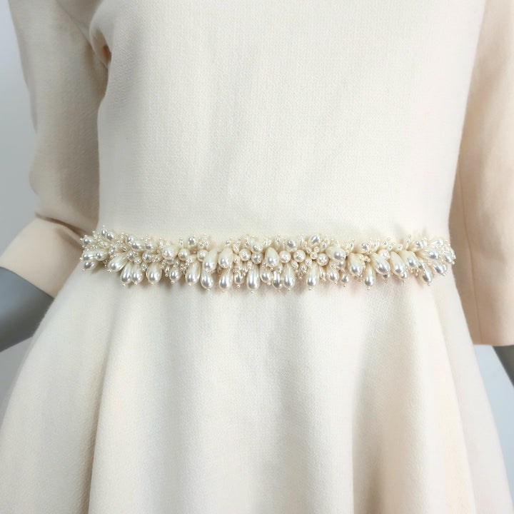 Lanvin Pearl-Embellished Dress Ivory Wool Crepe Size 36 V-Neck Fit &amp; Flare NEW