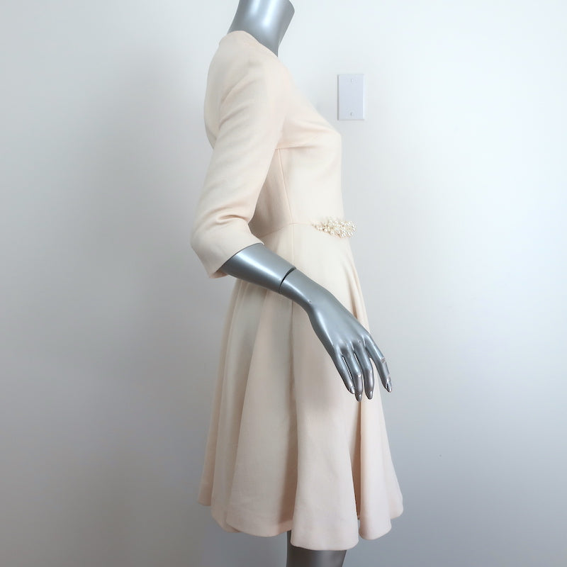 Lanvin Pearl-Embellished Dress Ivory Wool Crepe Size 36 V-Neck Fit &amp; Flare NEW
