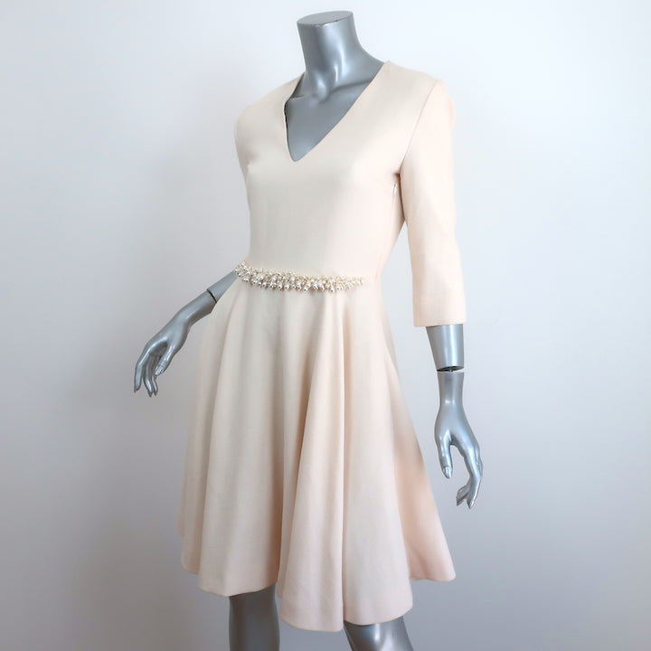 Lanvin Pearl-Embellished Dress Ivory Wool Crepe Size 36 V-Neck Fit &amp; Flare NEW