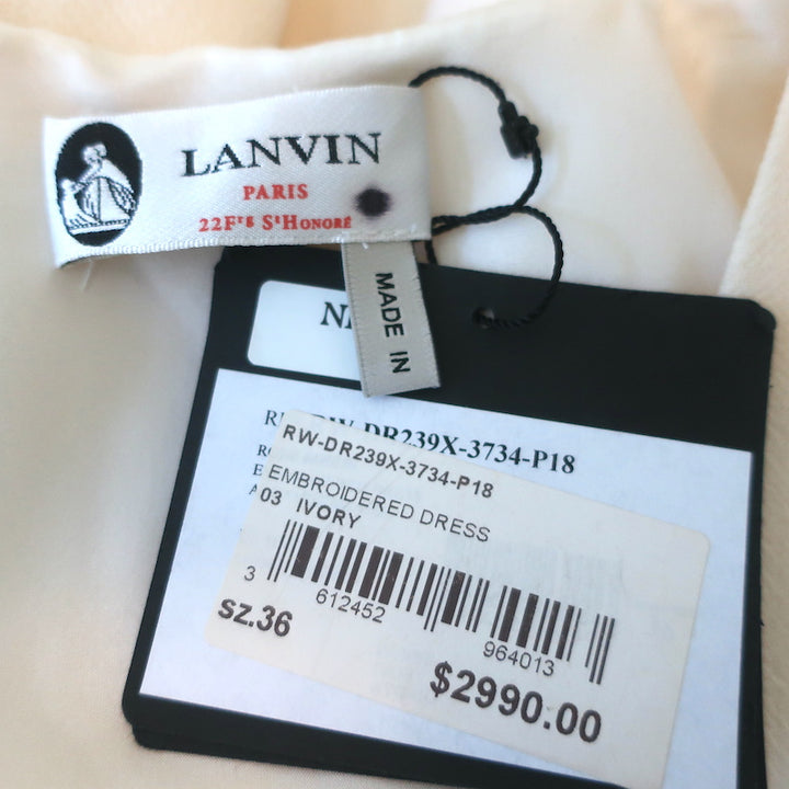 Lanvin Pearl-Embellished Dress Ivory Wool Crepe Size 36 V-Neck Fit &amp; Flare NEW