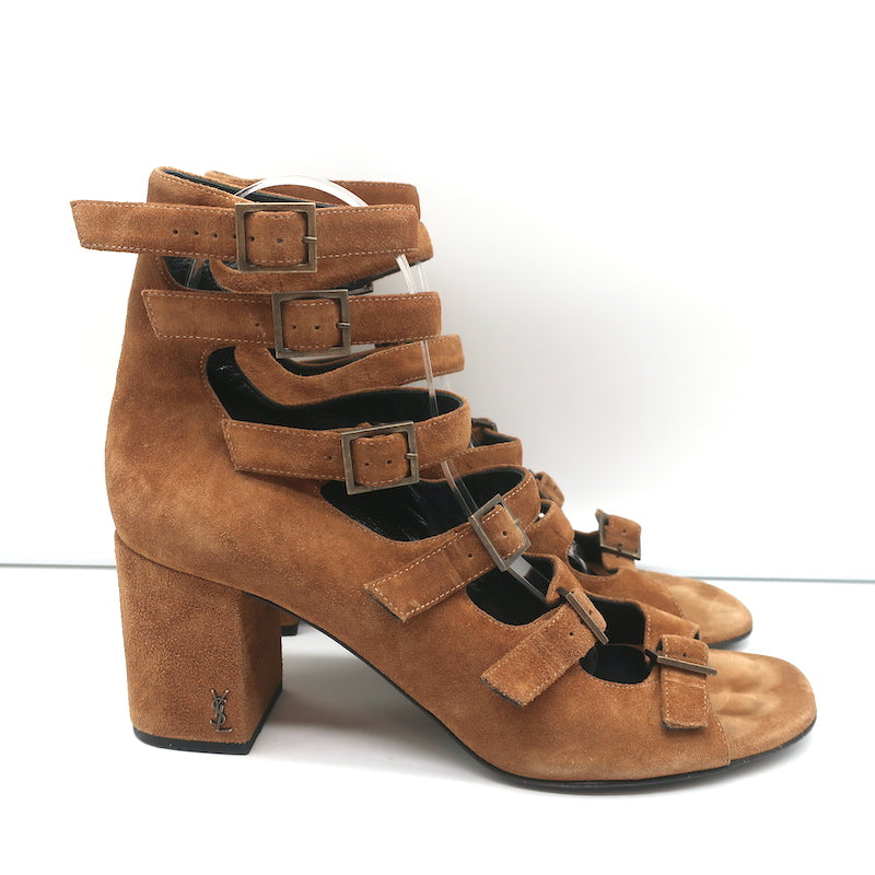 Saint Laurent Babies Multi-Strap Sandals Brown Suede Size 39.5 Open Toe Heels