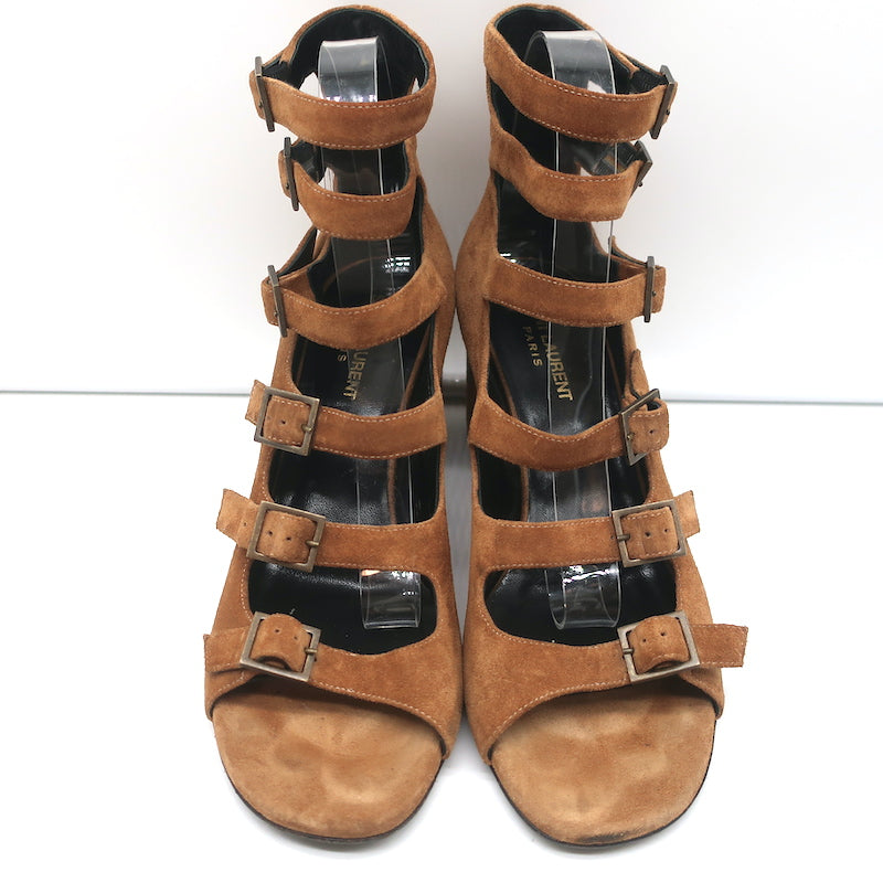 Saint Laurent Babies Multi-Strap Sandals Brown Suede Size 39.5 Open Toe Heels