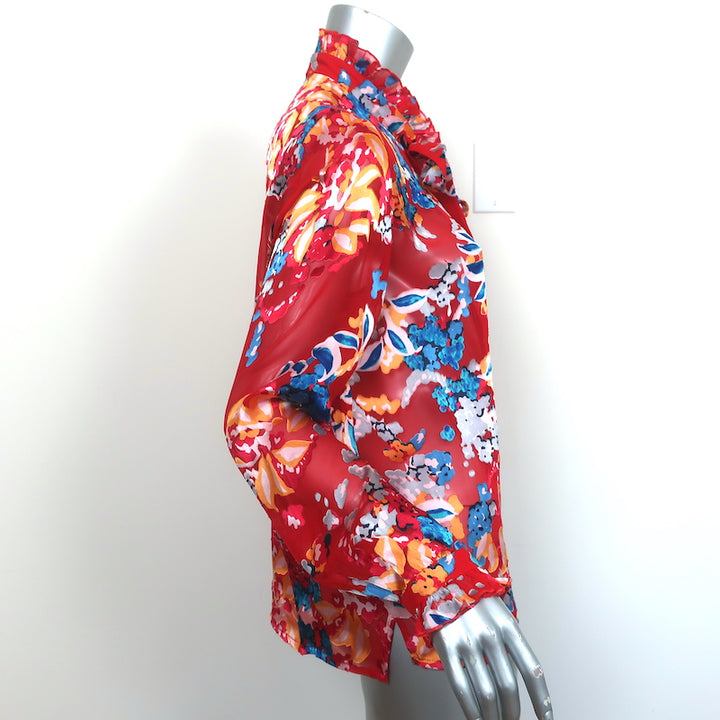 Saloni Tie-Neck Top Emile Red Floral Chiffon Size US 8 Long Sleeve Blouse
