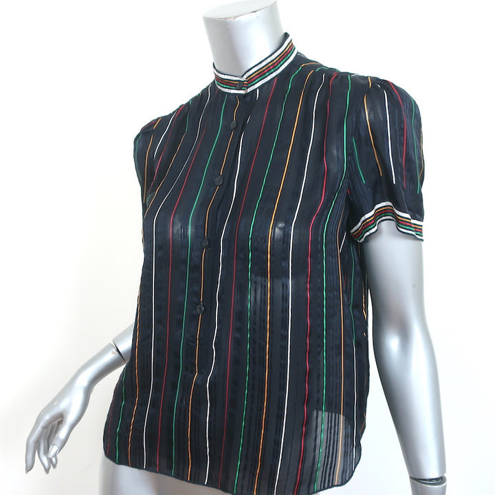 Rag &amp; Bone Top Austin Black/Rainbow Striped Silk Size Extra Small Short Sleeve