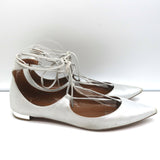 Aquazzura Christy Lace-Up Pointed Toe Flats Silver Metallic Suede Size 40