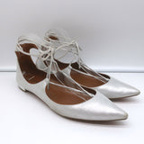 Aquazzura Christy Lace-Up Pointed Toe Flats Silver Metallic Suede Size 40