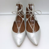 Aquazzura Christy Lace-Up Pointed Toe Flats Silver Metallic Suede Size 40