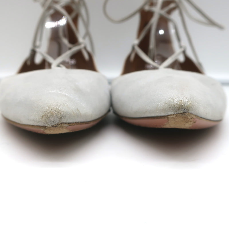 Aquazzura Christy Lace-Up Pointed Toe Flats Silver Metallic Suede Size 40
