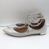 Aquazzura Christy Lace-Up Pointed Toe Flats Silver Metallic Suede Size 40