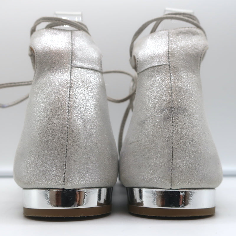 Aquazzura Christy Lace-Up Pointed Toe Flats Silver Metallic Suede Size 40