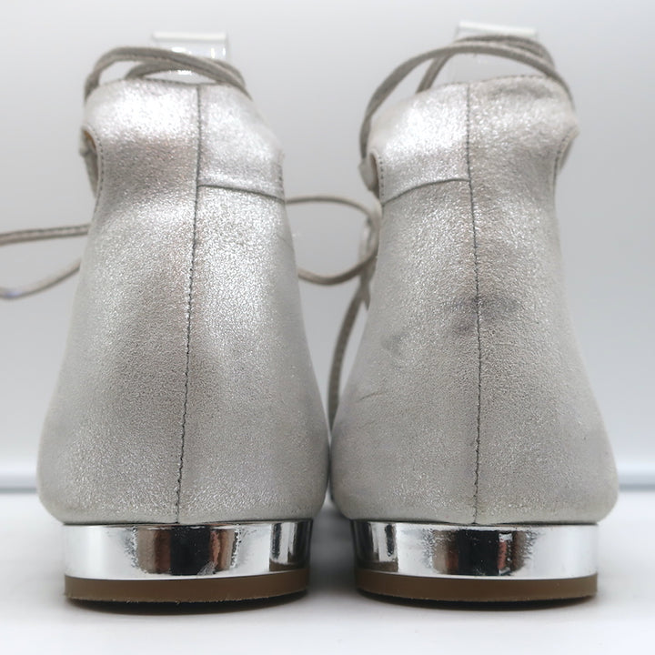 Aquazzura Christy Lace-Up Pointed Toe Flats Silver Metallic Suede Size 40