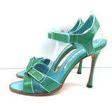 Manolo Blahnik Ankle Strap Sandals Green Patent Leather Size 40 Open Toe Heels