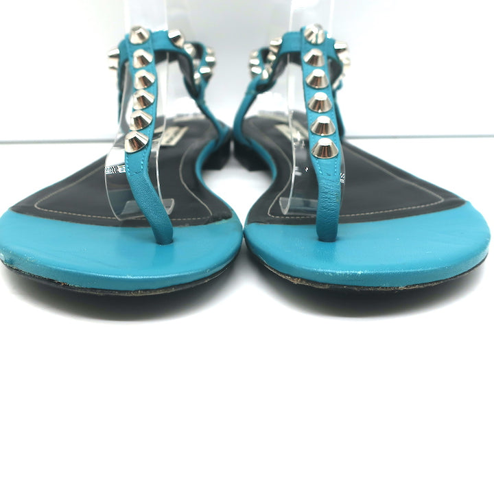 Balenciaga Studded T-Strap Sandals Blue Leather Size 40 Slingback Flats