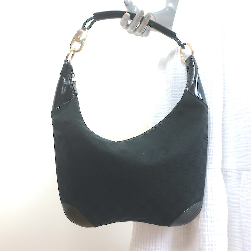 Gucci Monogram Hobo Black Patent Leather-Trim Canvas Medium Shoulder Bag