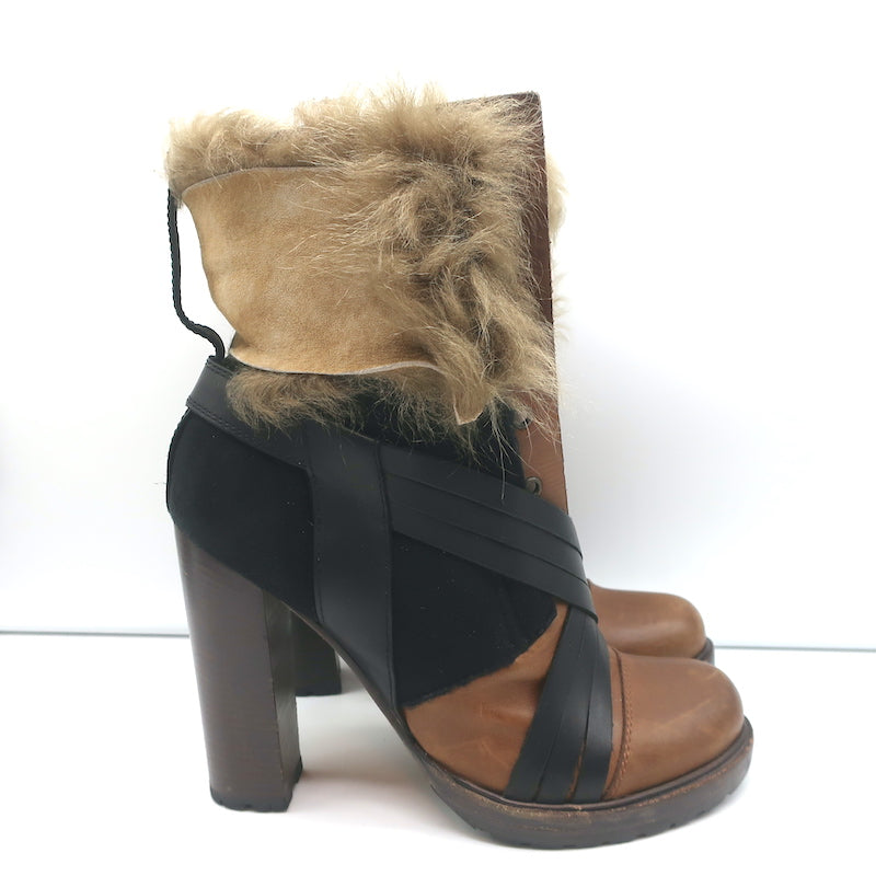 Vanessa Bruno Faux Fur Trim Boots Brown Leather &amp; Black Suede Size 41
