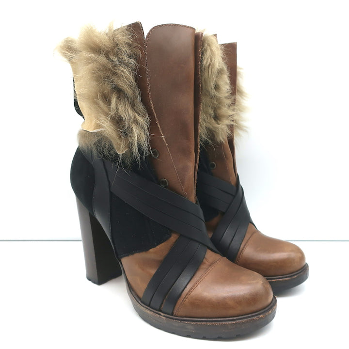 Vanessa Bruno Faux Fur Trim Boots Brown Leather &amp; Black Suede Size 41