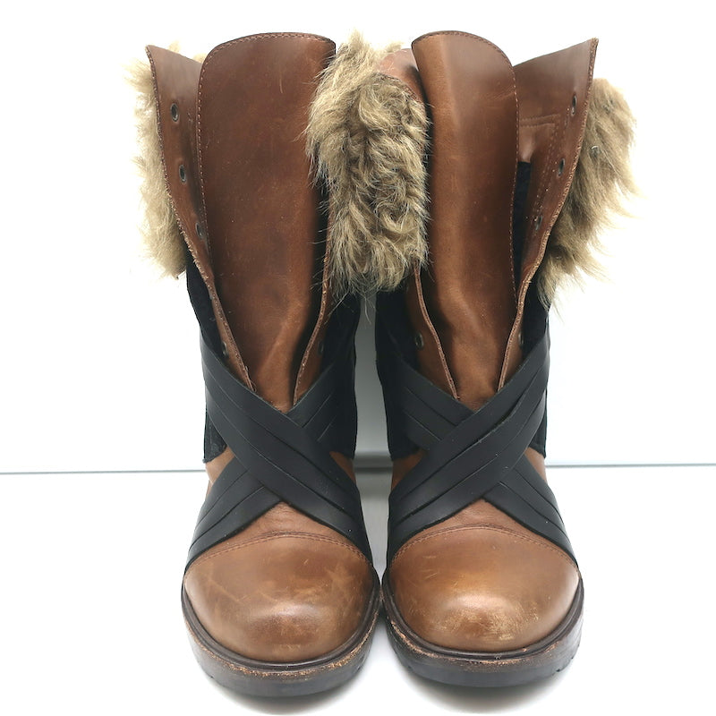 Vanessa Bruno Faux Fur Trim Boots Brown Leather &amp; Black Suede Size 41
