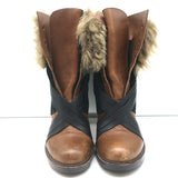 Vanessa Bruno Faux Fur Trim Boots Brown Leather & Black Suede Size 41