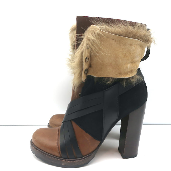 Vanessa Bruno Faux Fur Trim Boots Brown Leather &amp; Black Suede Size 41