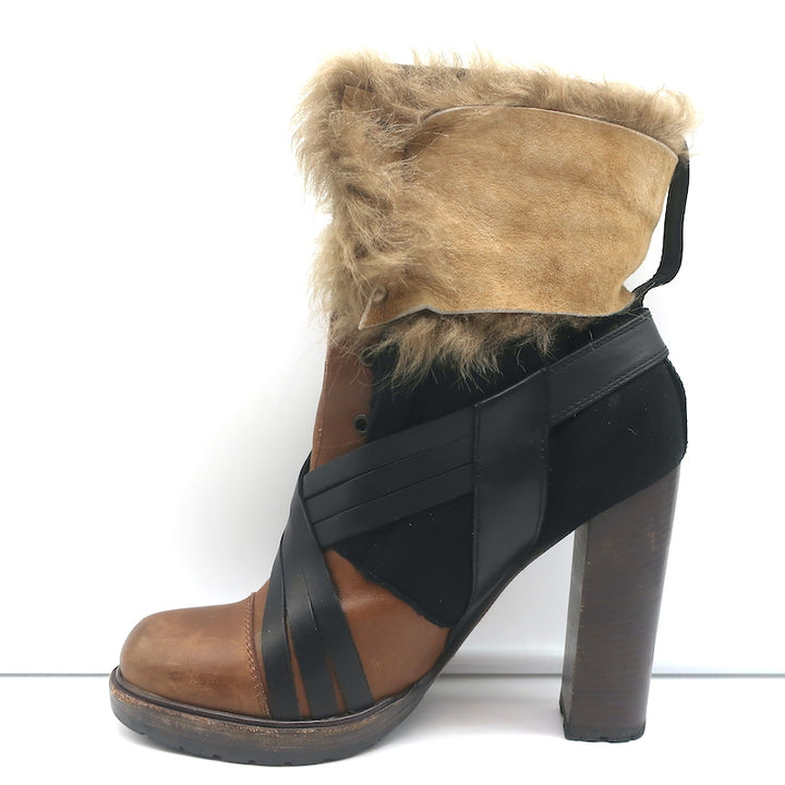 Vanessa Bruno Faux Fur Trim Boots Brown Leather &amp; Black Suede Size 41