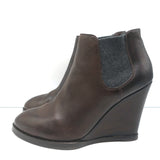 Brunello Cucinelli Wedge Ankle Boots Dark Brown Leather Size 41 Chelsea Booties