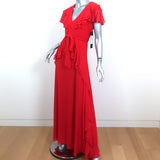 Badgley Mischka Belted Maxi Dress Red Ruffled Chiffon Size 0 Flutter Sleeve NEW
