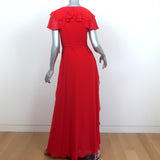 Badgley Mischka Belted Maxi Dress Red Ruffled Chiffon Size 0 Flutter Sleeve NEW