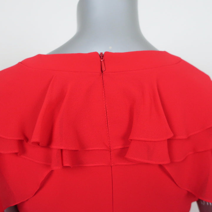 Badgley Mischka Belted Maxi Dress Red Ruffled Chiffon Size 0 Flutter Sleeve NEW