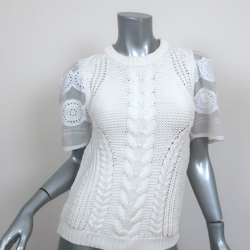 Lisa Fortunoff Sea Eyelet-Sleeve Sweater White Cable Knit Size Extra Small Short Sleeve Top
