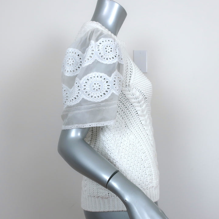SEA Eyelet-Sleeve Sweater White Cable Knit Size Extra Small Short Sleeve Top