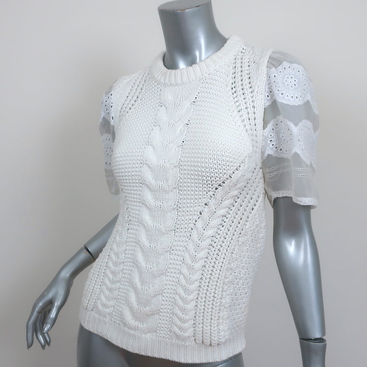 SEA Eyelet-Sleeve Sweater White Cable Knit Size Extra Small Short Sleeve Top