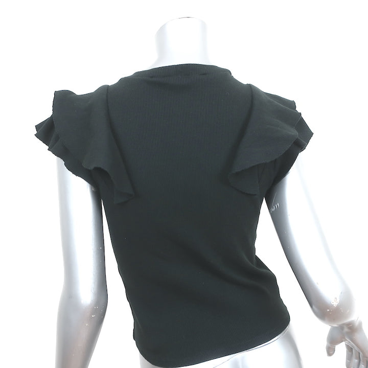 Veronica Beard Bea Ruffle Tee Black Ribbed Knit Size Small