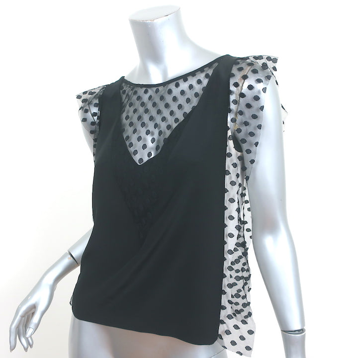Sandro Colorblock Blouse Black Polka Dot Mesh &amp; Silk Size 1 Sleeveless Top