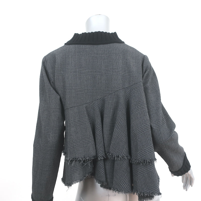 SEA Ruffled-Back Long Sleeve Top Gray Prince Of Wales Check Size Small