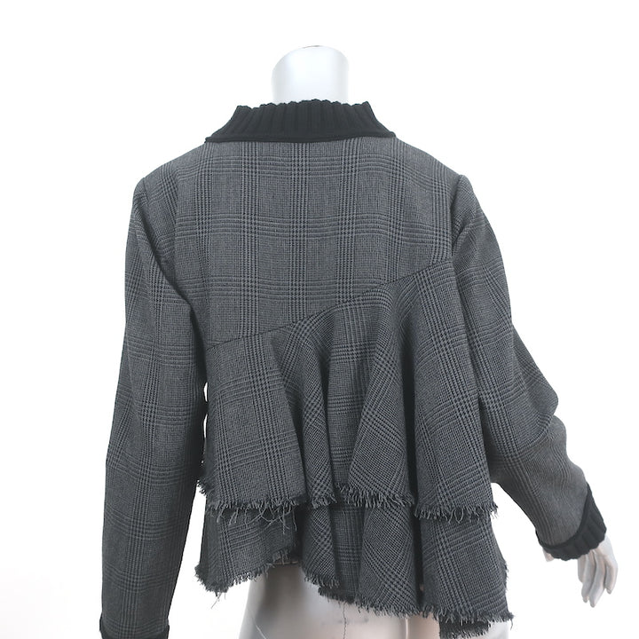 SEA Ruffled-Back Long Sleeve Top Gray Prince Of Wales Check Size Small