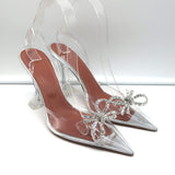 Amina Muaddi Rosie Glass Slingback Pumps Clear PVC Size 38.5 Crystal Bow Heels