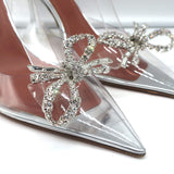 Amina Muaddi Rosie Glass Slingback Pumps Clear PVC Size 38.5 Crystal Bow Heels