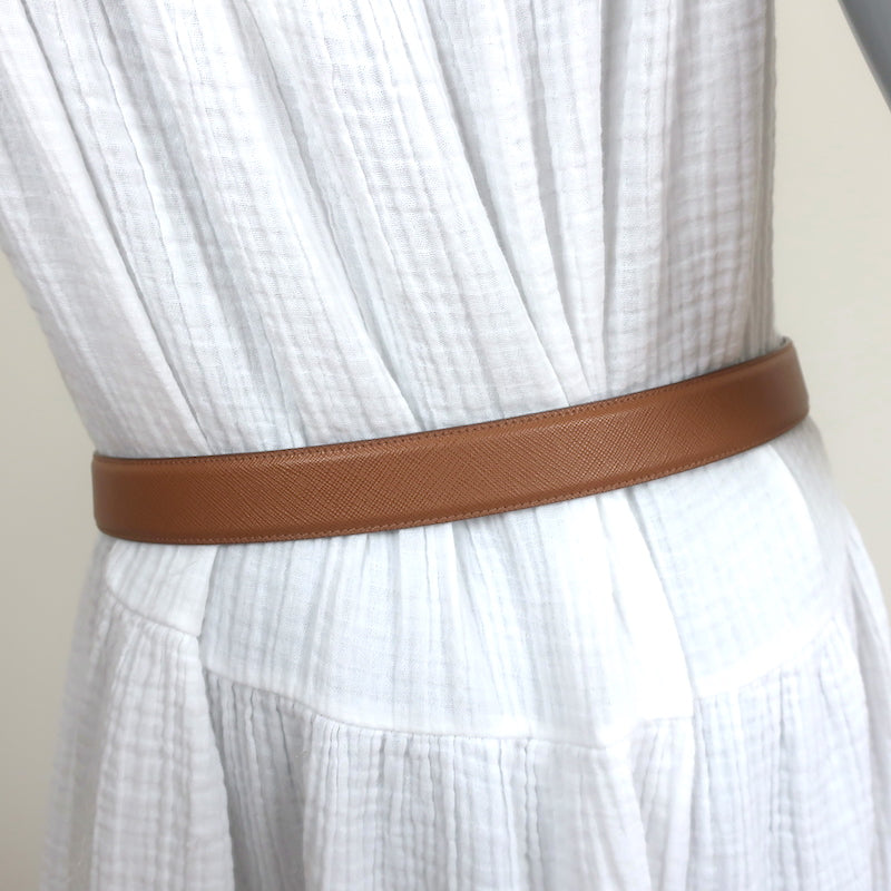 Prada Saffiano Logo Buckle Belt Tan Leather Size 90 US 36