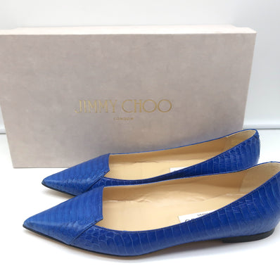 Jimmy Choo Attila Pointed Toe Flats Blue Elaphe Snakeskin Size 37