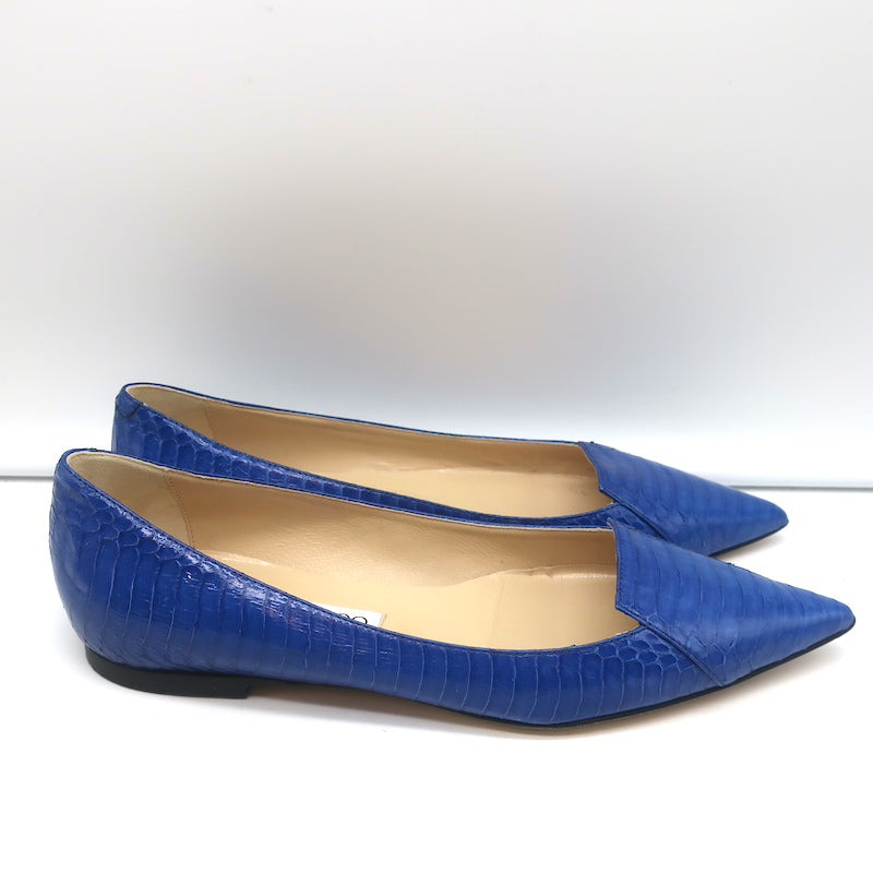 Jimmy Choo Attila Pointed Toe Flats Blue Elaphe Snakeskin Size 37