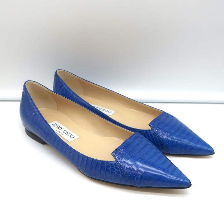 Jimmy Choo Attila Pointed Toe Flats Blue Elaphe Snakeskin Size 37