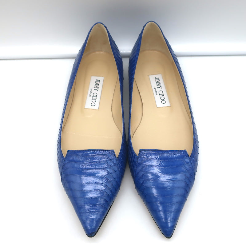 Jimmy Choo Attila Pointed Toe Flats Blue Elaphe Snakeskin Size 37