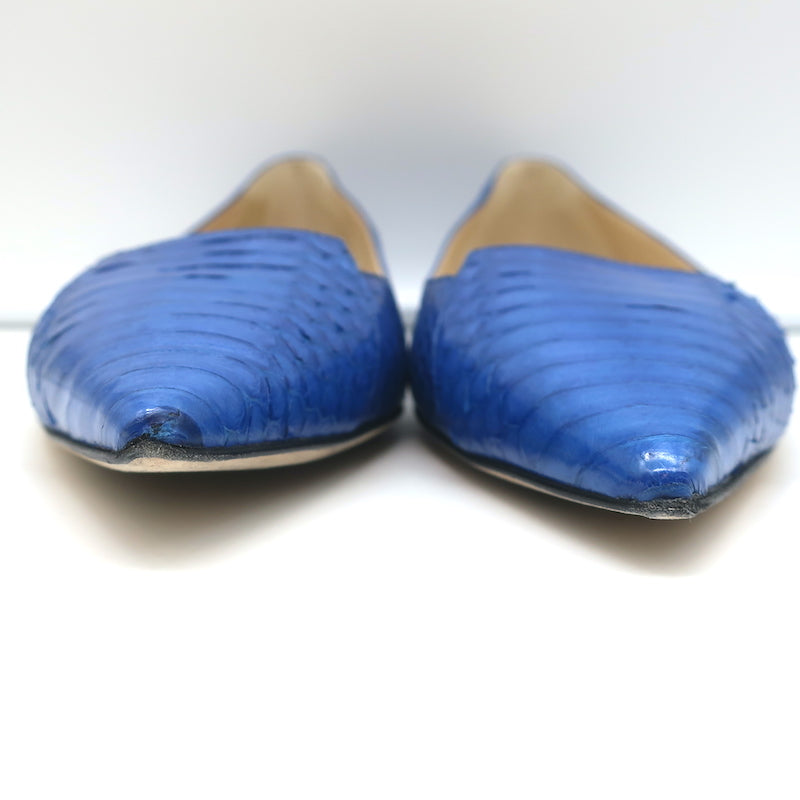 Jimmy Choo Attila Pointed Toe Flats Blue Elaphe Snakeskin Size 37